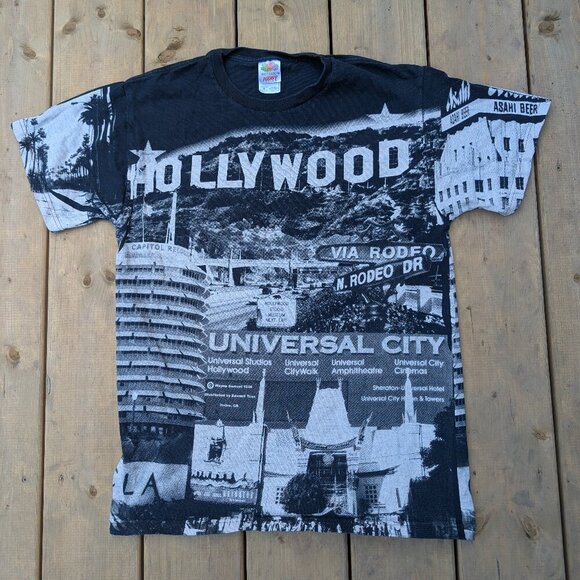 Vintage 90s Fruit of the Loom Hollywood Universal City All-Over Print T-Shirt M - Picture 1 of 5
